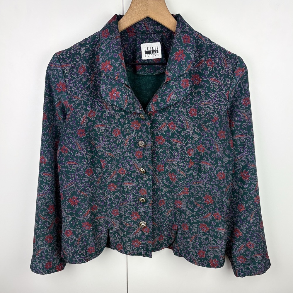 Vintage Paisley Floral Double Collar Button Down Blouse Top Emerald Purple Red